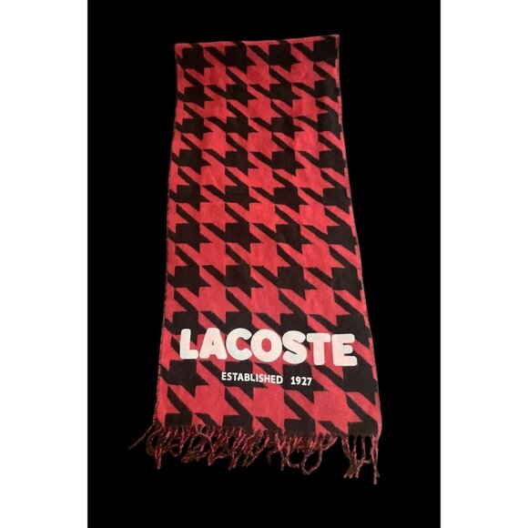 Lacoste Live Men’s Red Black Wool Blend Scarf Made in Italy NWT Fringe Logo - Picture 1 of 6